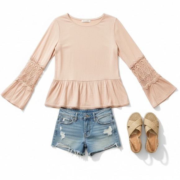 JOIE Peach Crochet Lace Sleeve Peplum Blouse Boho Top Size Small $220 - Picture 3 of 7